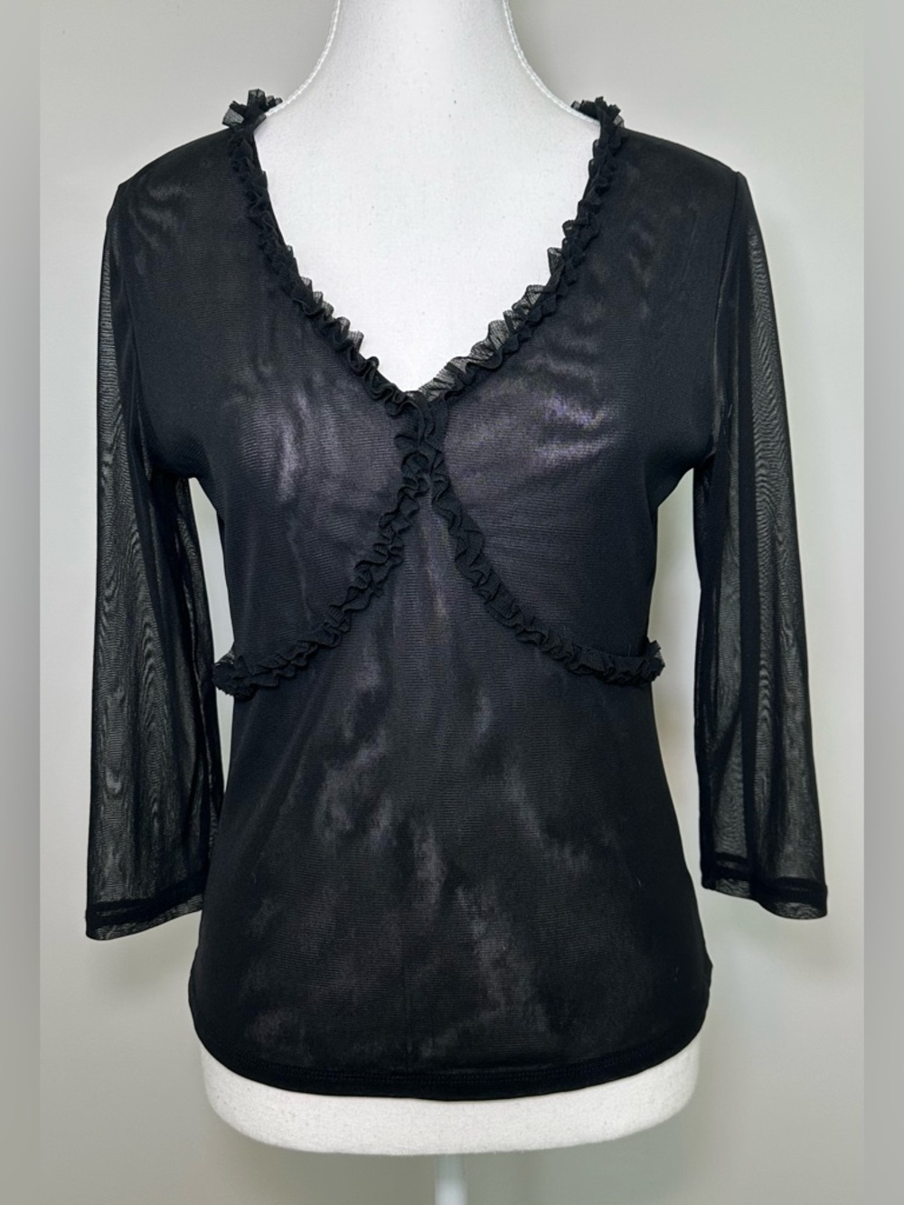 The Limited Y2K Black Sheer Mesh Ruffle Babydoll Top Goth Fairy Romantic Sexy M